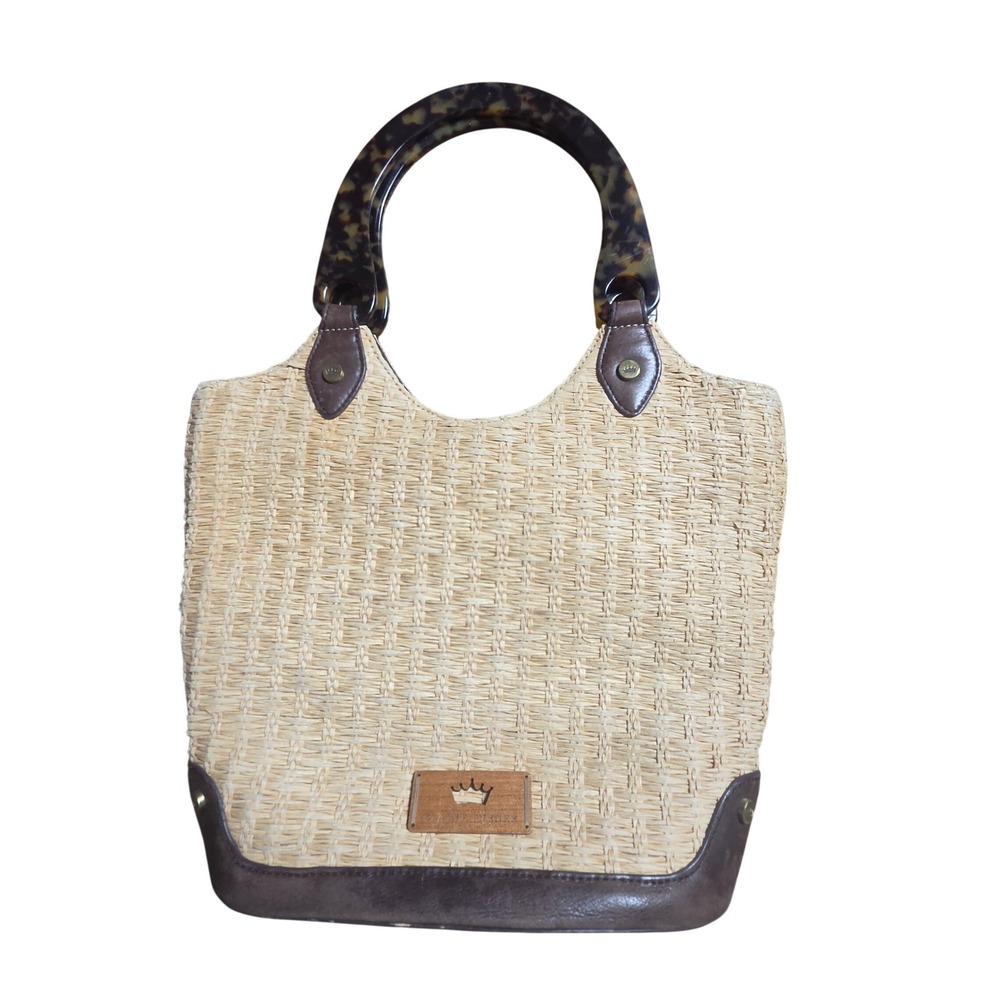 Elaine Turner Straw Raffia Tote Bag Tortoise Acrylic Handles Coastal Resort